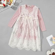 Shein Girls Lace Contrast Belted Dress