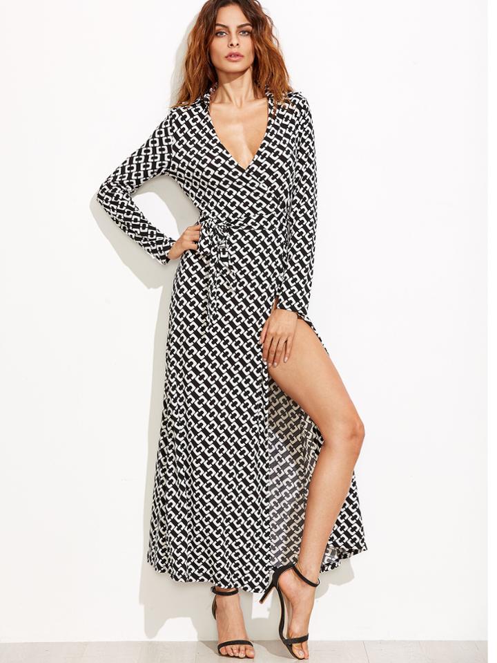 Shein Geometric Print Deep V Neck Self Tie Wrap Dress