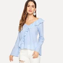 Shein Open Shoulder Asymmetrical Neck Ruffle Shoulder Top