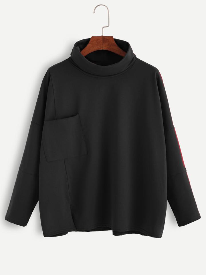 Shein Black Turtleneck Drop Shoulder Pocket T-shirt