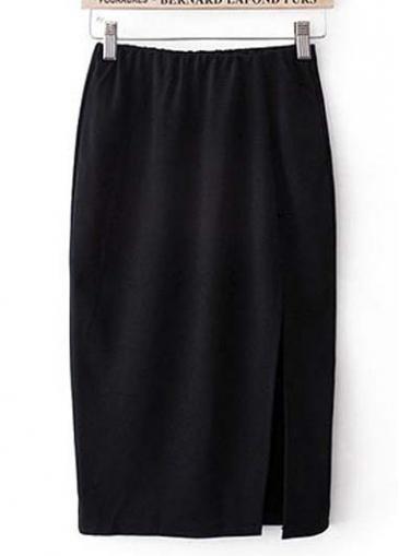 Rosewe Latest Split Design Solid Black Knee Length Skirts