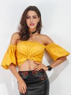 Shein Yellow Off The Shoulder Lantern Sleeve Knotted Hem Top