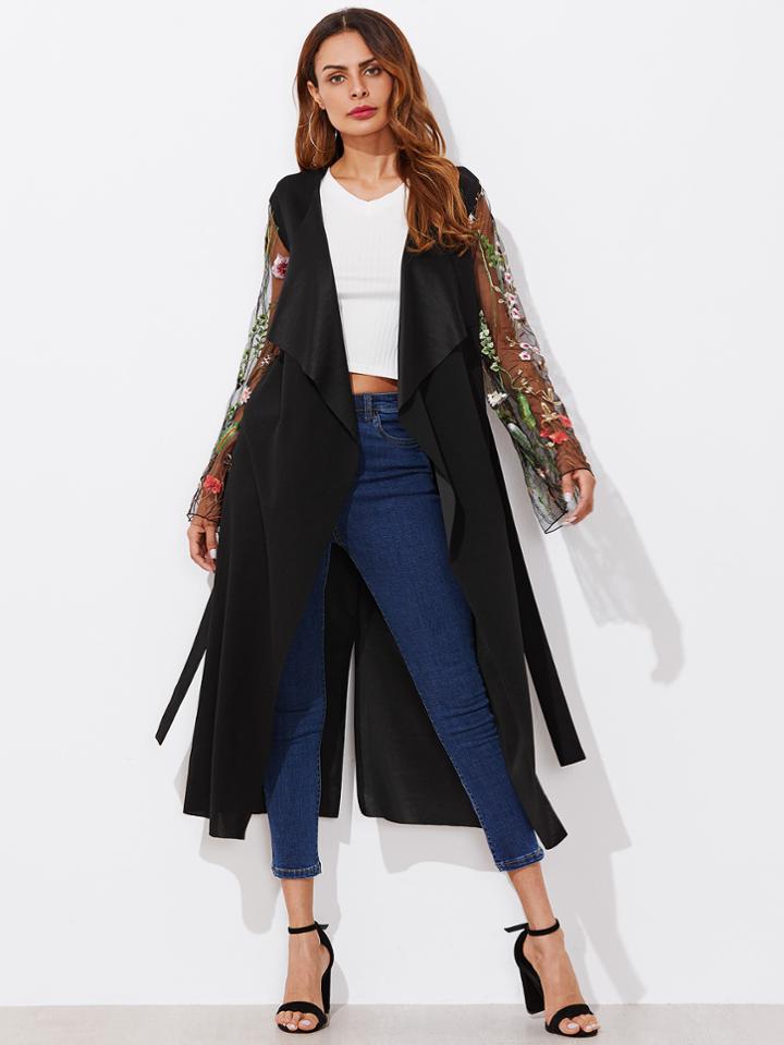 Shein Wrap Coat With Embroidered Mesh Fluted Sleeve