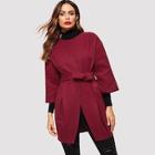 Shein Three Quarter Length Sleeve Belted Pleated Coat