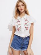 Shein Symmetric Flower Embroidered Layered Flutter Sleeve Blouse