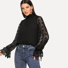 Shein Shirred Neck Floral Lace Sleeve Blouse