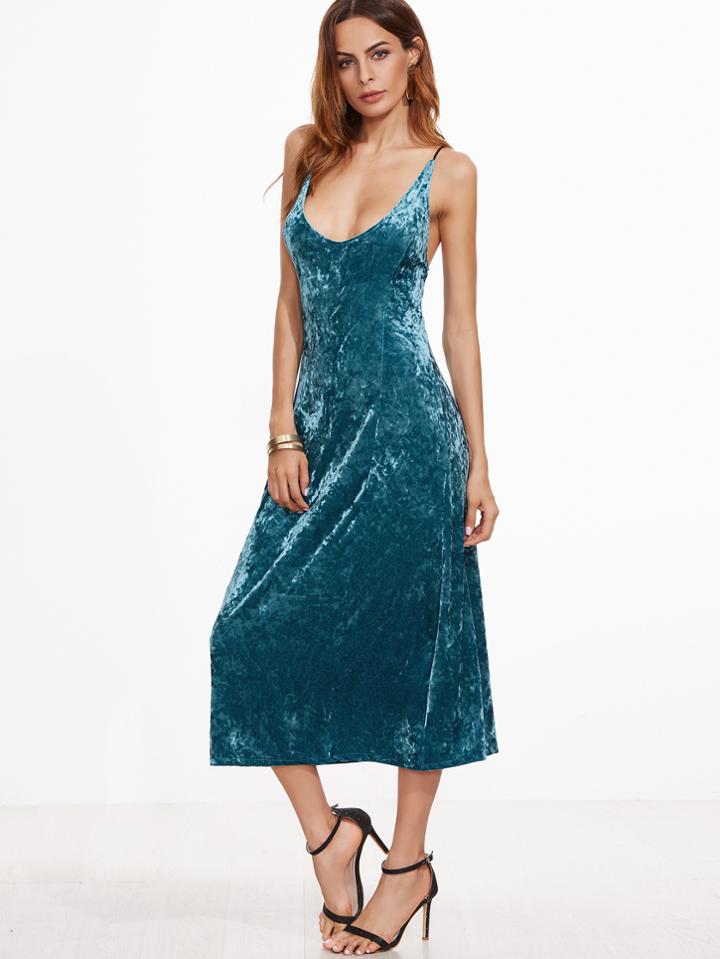Shein Peacock Blue Low V Back Velvet Slip Dress