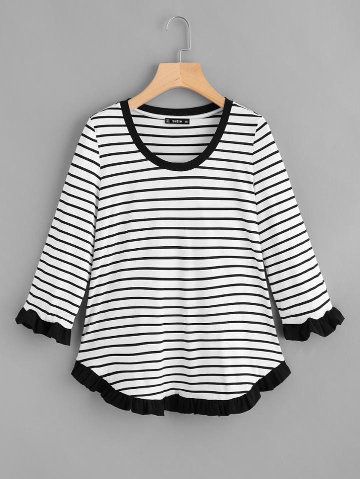 Shein Contrast Frill And Curved Hem Ringer Striped Tee