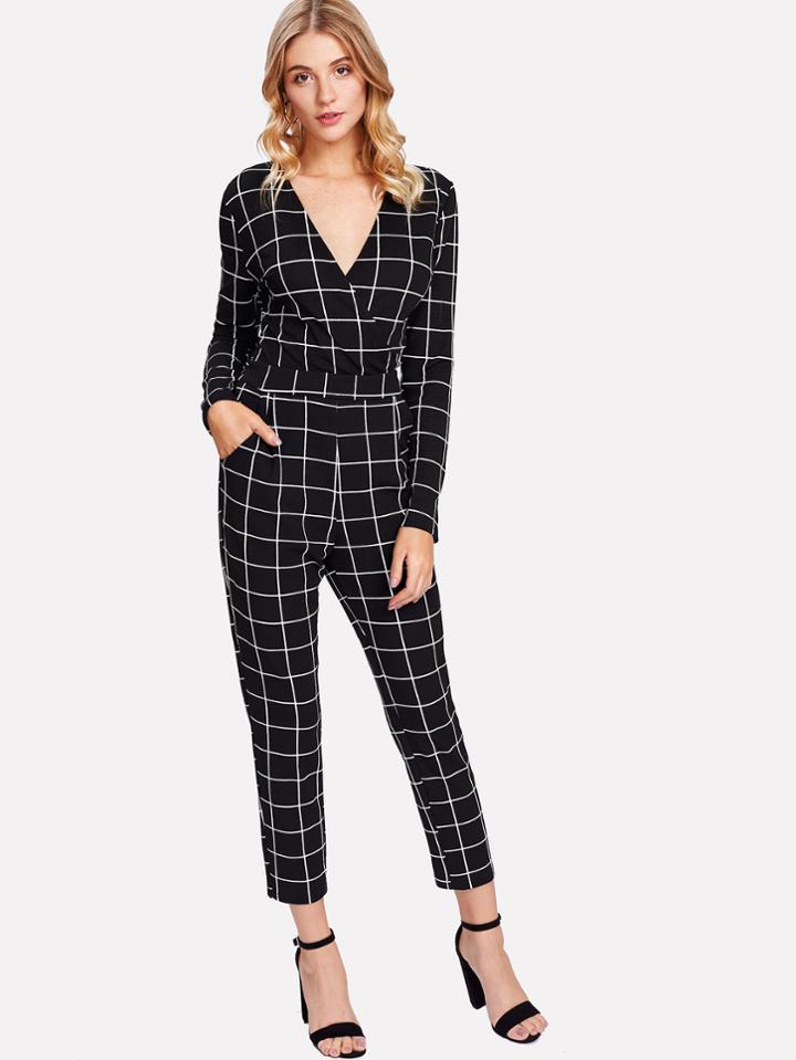 Shein Surplice Neck Grid Tailored Jumpsuit