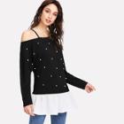 Shein Pearl Beaded Open Shoulder Contrast Hem Top