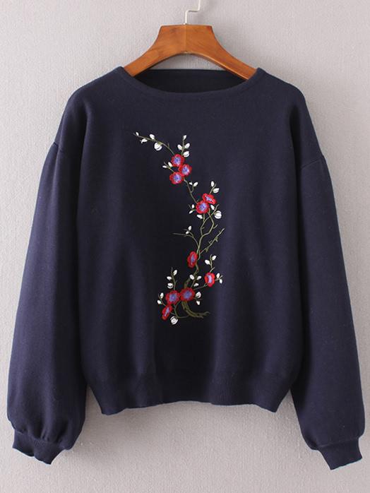 Shein Lantern Sleeve Flower Embroidery Sweater