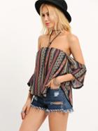 Shein Off-the-shoulder Tribal Print Top - Navy