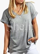 Shein Grey V-neck Roll Up Cuff Casual T-shirt
