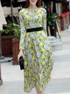 Shein Yellow Round Neck Long Sleeve Print Dress
