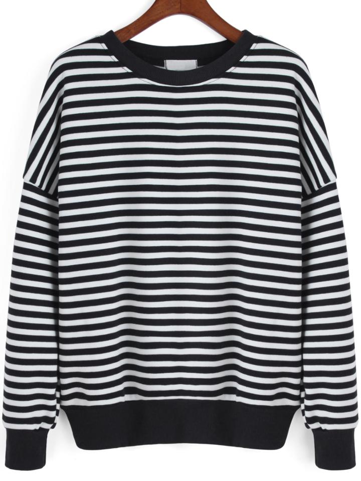 Shein Black White Round Neck Striped Sweatshirt