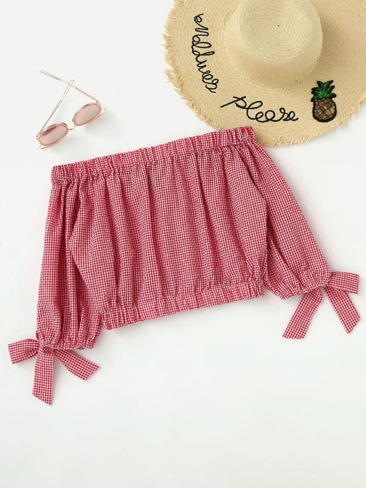 Shein Bardot Bow Tie Sleeve Checked Crop Top