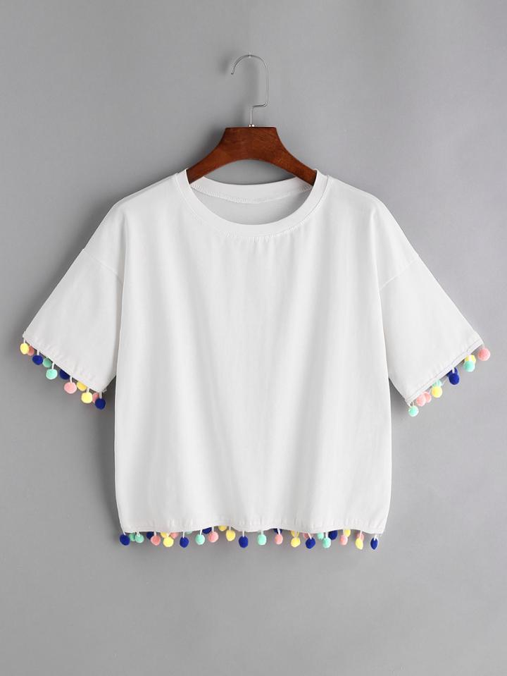 Shein Drop Shoulder Pom Pom Tee