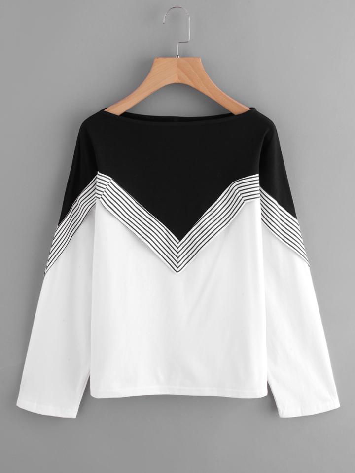 Shein Two Tone Striped Trim Tee