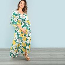 Shein Plus Floral Print Surplice Wrap Dress