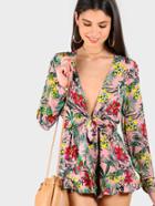 Shein Tropical Print Plunging Knot Front Playsuit