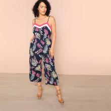 Shein Plus Jungle Leaf Print Color Block Cami Jumpsuit