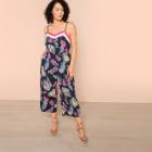 Shein Plus Jungle Leaf Print Color Block Cami Jumpsuit