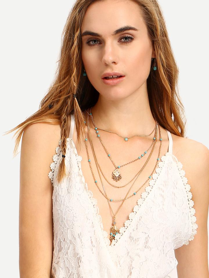 Shein Layered Geometric-shaped Tassel Pendant Necklace