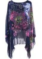 Rosewe Chiffon Navy Blue Round Neck Printed Asymmetric Blouse
