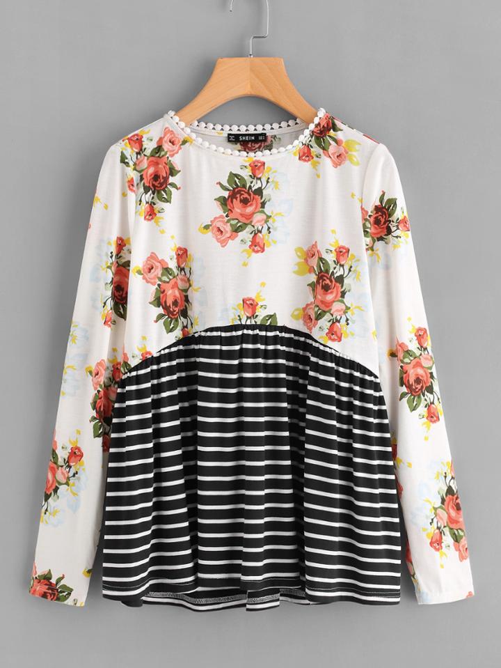 Shein Dot Crochet Neck Cut And Sew T-shirt