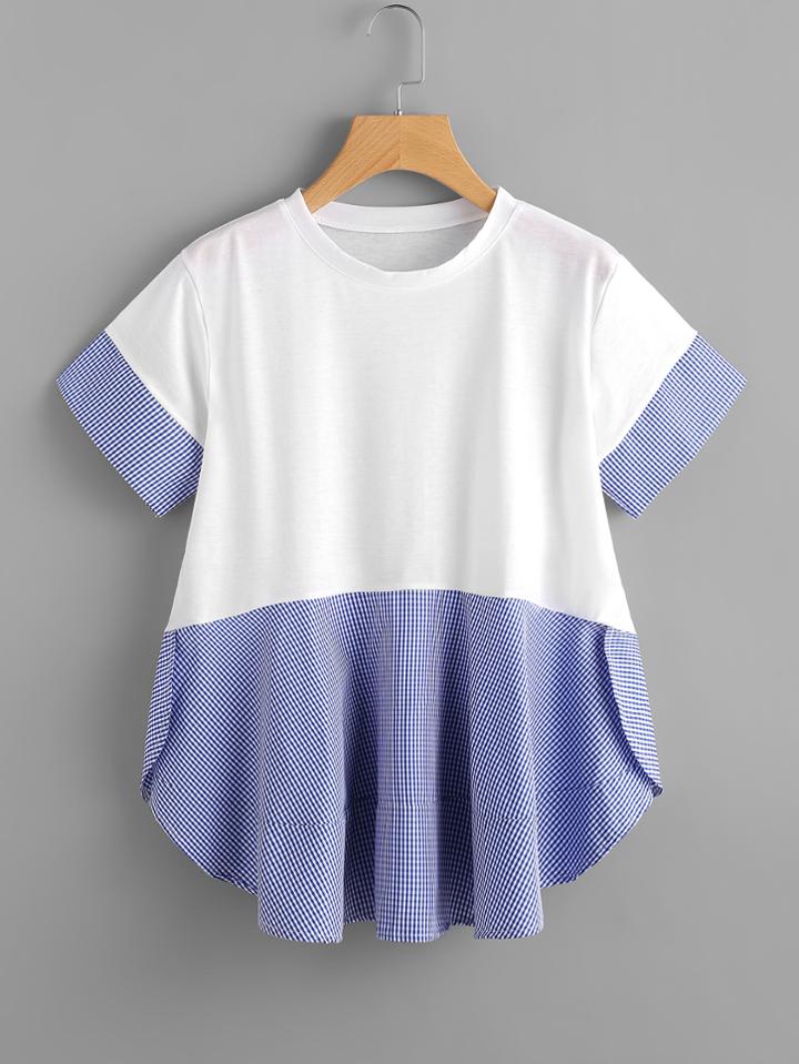 Shein Contrast Checked Curved Hem Tee