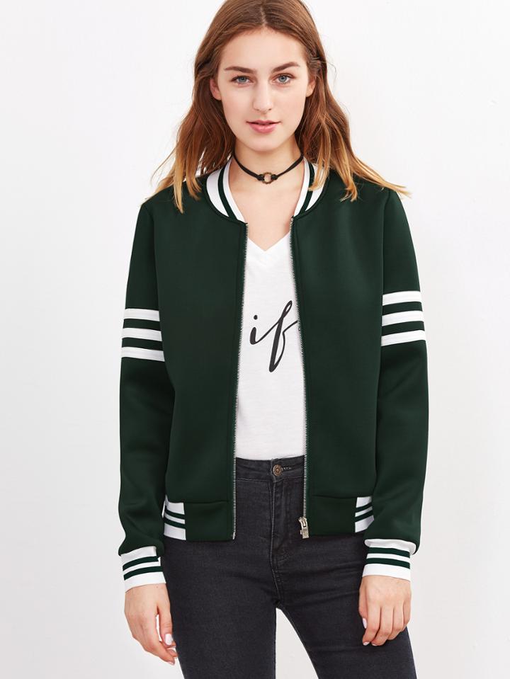 Shein Dark Green Striped Trim Zip Up Bomber Jacket