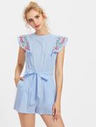 Shein Embroidered Flutter Sleeve Self Belt Romper