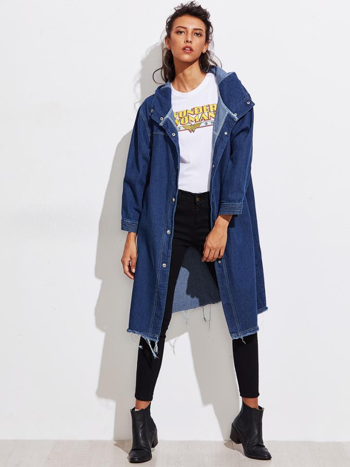 Shein Frayed Hem Hooded Denim Coat