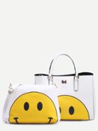 Shein White Smiley Face Print Tote Bag With Crossbody Bag