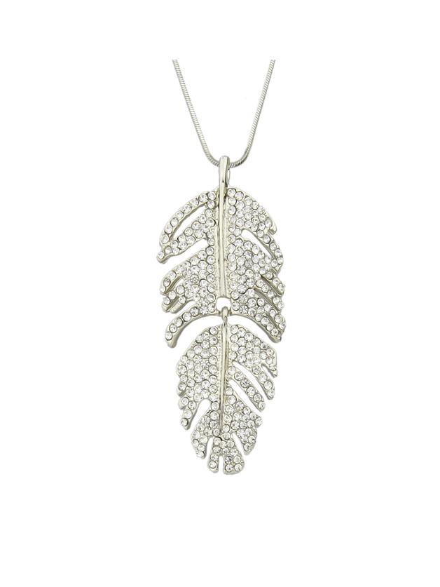Shein Silver Color Rhinestone Leaf Shape Long Necklace
