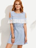 Shein Open Shoulder Vertical Striped Contrast Lace Fringe Dress