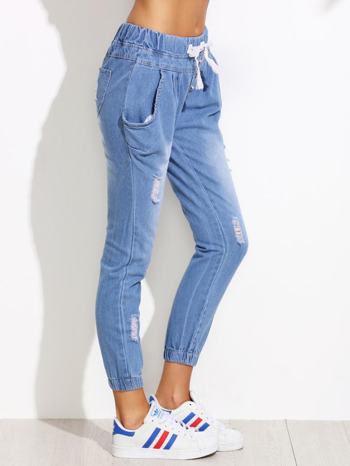 Shein Blue Ripped Drawstring Waist Jeans