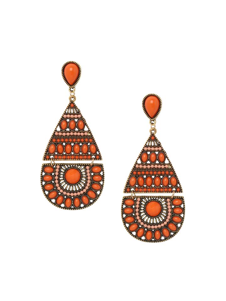 Shein Cutout Faux Stone Encrusted Drop Earrings - Orange