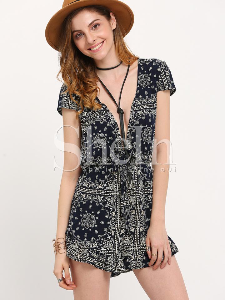 Shein Multicolor Deep V Neck Print Jumpsuit