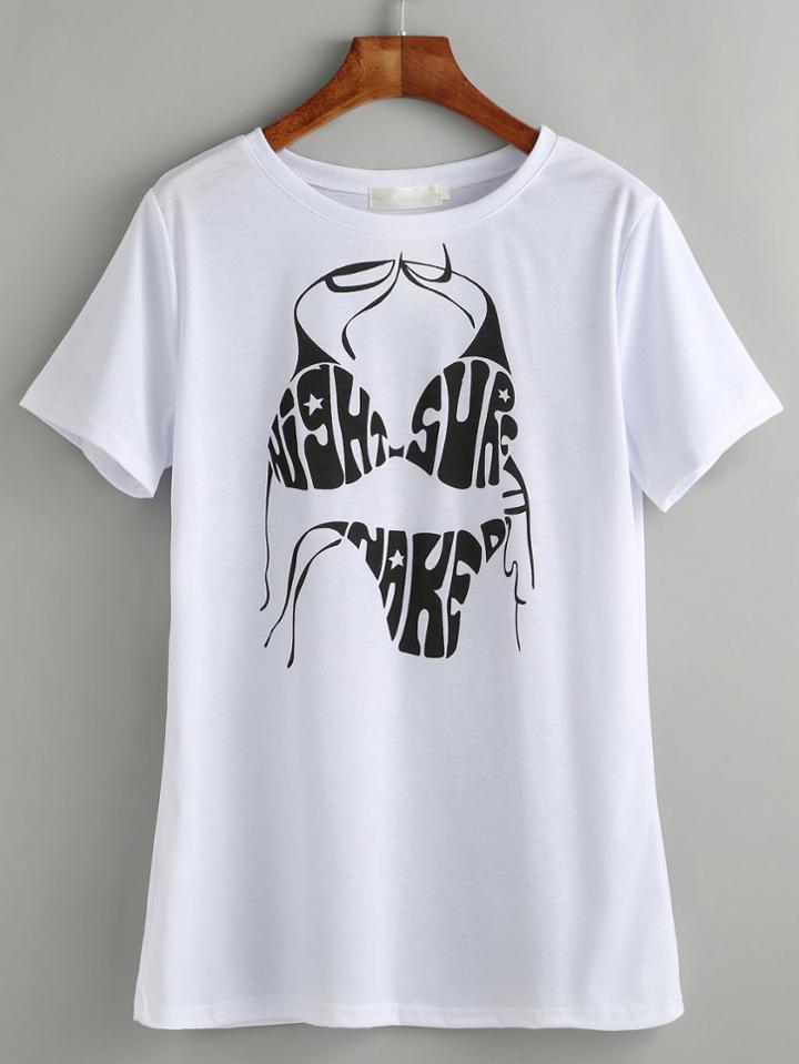 Shein White Bikini Print T-shirt