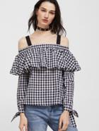 Shein Gingham Cold Shoulder Tie Sleeve Frill Top