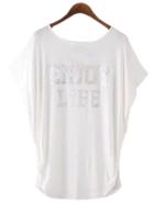 Shein White Batwing Sleeve Letter Print T-shirt