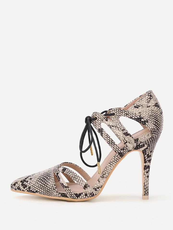 Shein Cut Out Lace Up Snakeskin Print High Heels