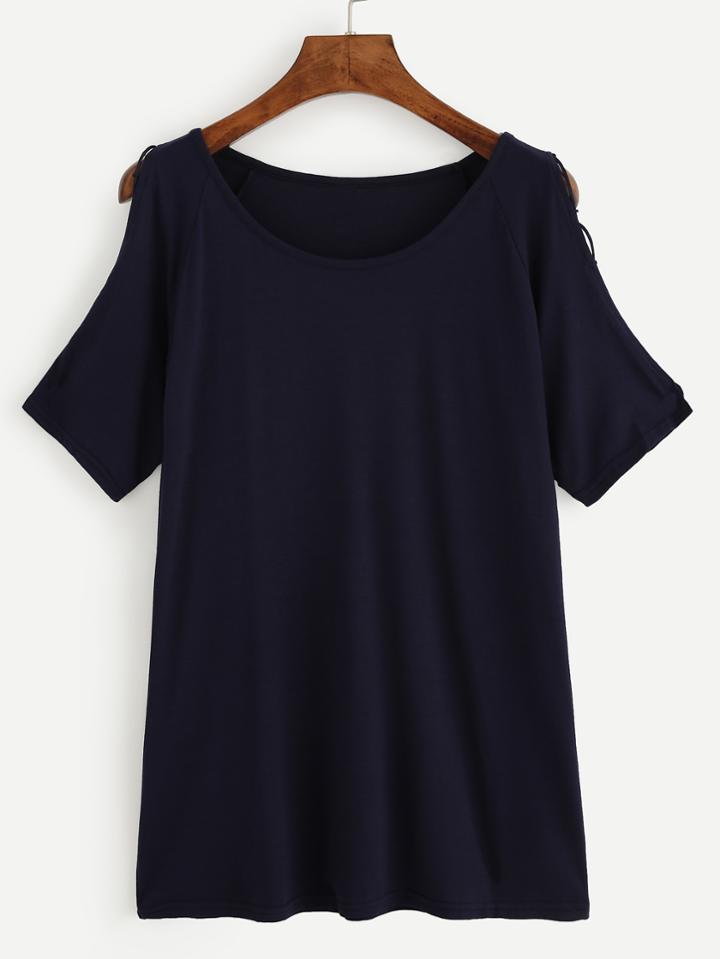 Shein Navy Lace Up Open Shoulder T-shirt