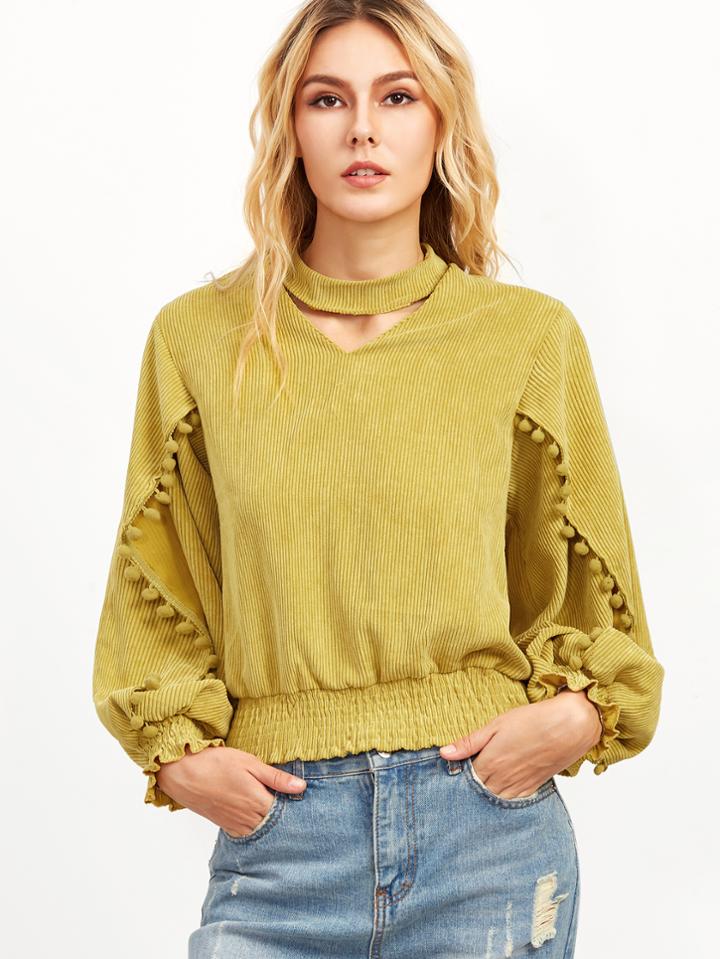 Shein Yellow Lantern Sleeve Pom Pom Shirred Corduroy Top