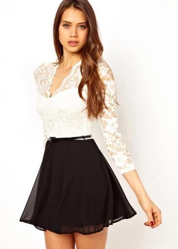 Rosewe Graceful V Neck A Line Dress Black And White