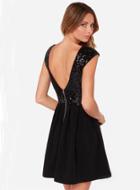 Shein Black Cap Sleeve Sequined V Back Pleated Dress