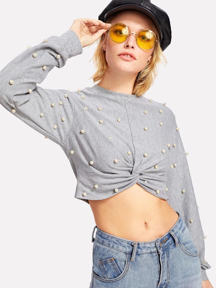Shein Pearl Beading Twist Front Crop Pullover