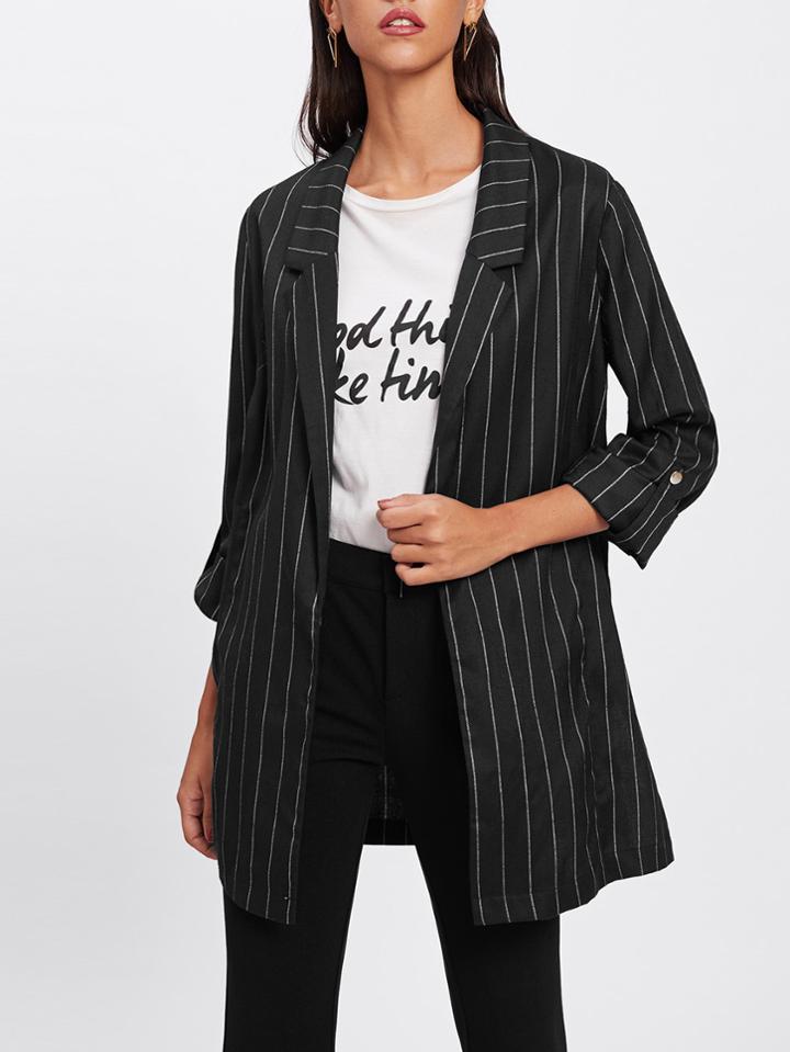 Shein Roll Tab Sleeve Open Front Pinstripe Coat