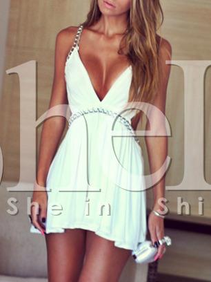 Shein White Deep V Neck Metal Chain Backless Dress